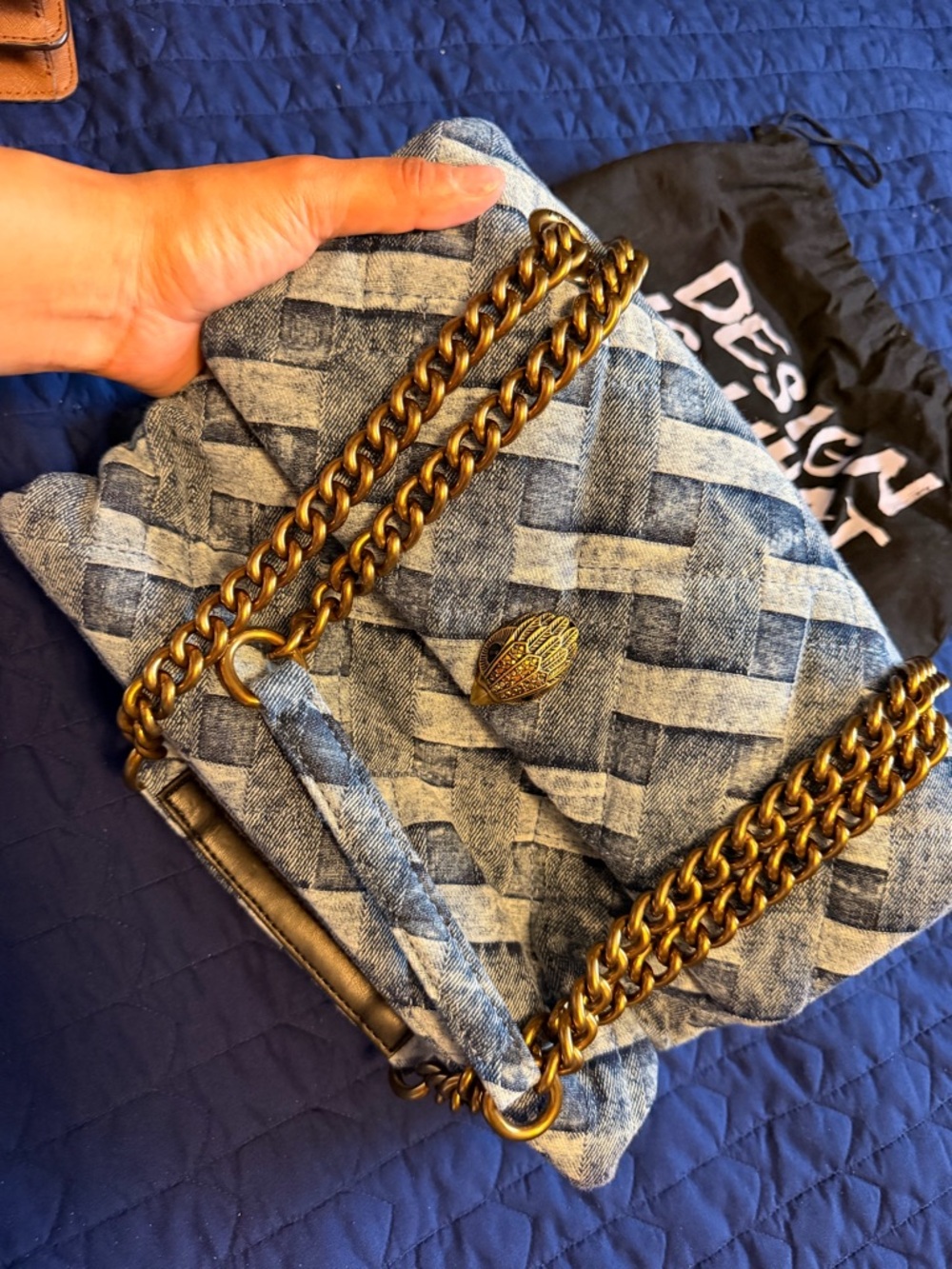 Kurt Geiger Quilted Blue Denim Shoulder Bag with Gold Chain